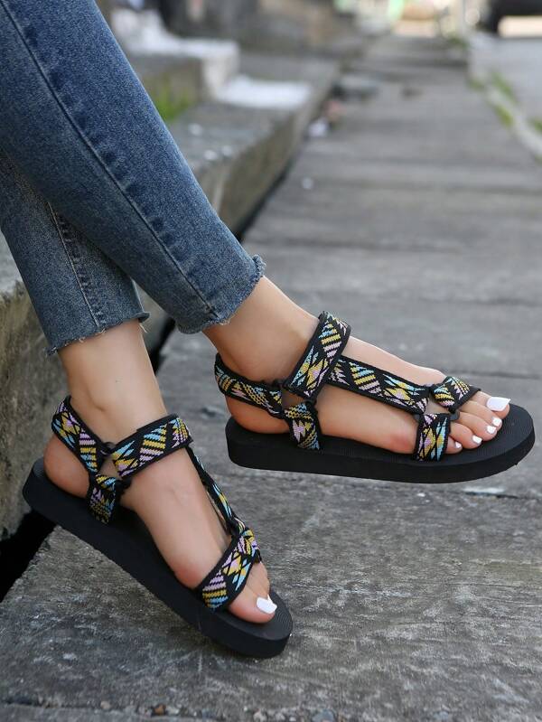 Sporty Black Sandals For Women, Geometric Pattern Hook-and-loop Fastener Sport Sandals