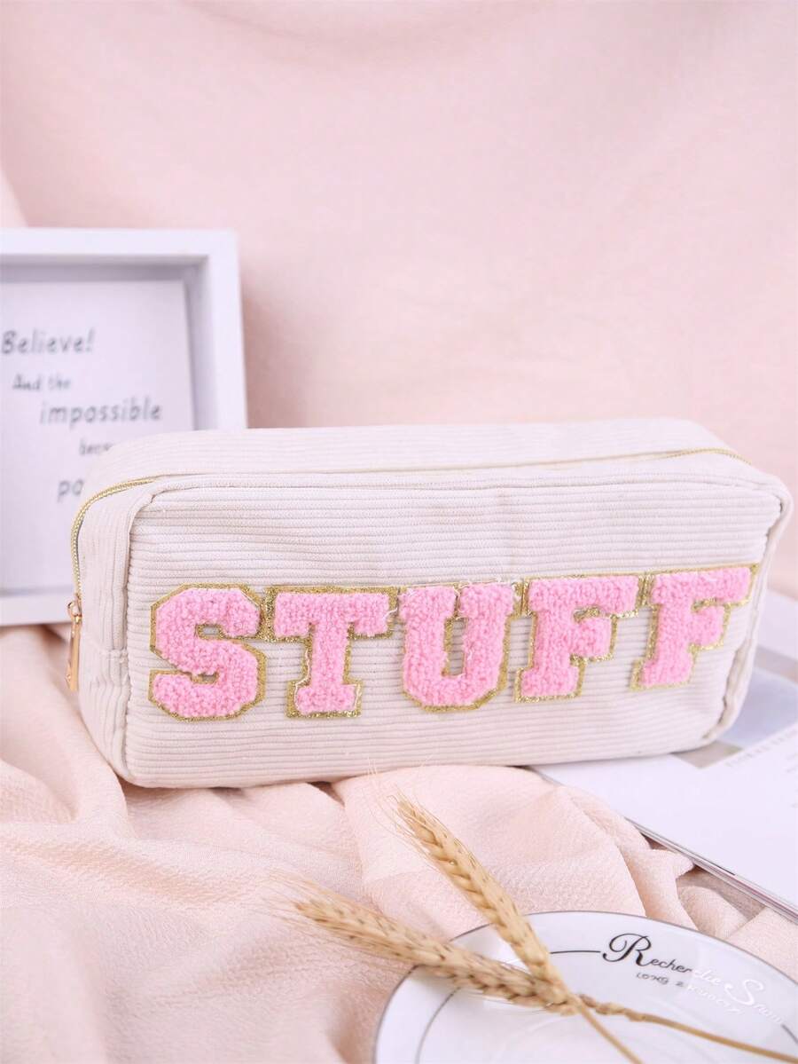 Túi Trang Điểm,Khăn 1Pc Chữ Thêu Túi Đựng Mỹ Phẩm Chữ Pu Thêu Túi Đựng Mỹ Phẩm Vải Nhung Túi Đựng Mỹ Phẩm Túi Đựng Đồ Trang Điểm Hộp Đựng Đồ Trang Điểm Hộp Đựng Đồ Trang Điểm - Màu be - Xem 1