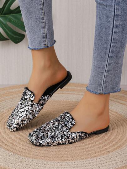 魅力四射黑色平底鞋適用於女士亮片裝飾方頭平底穆勒鞋
