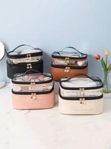 字母图形双层化妆包，1 件黑色拉链防水旅行化妆包收纳袋 - 黑色 - 查看 1