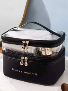 字母图形双层化妆包，1 件黑色拉链防水旅行化妆包收纳袋 - 黑色 - 查看 2