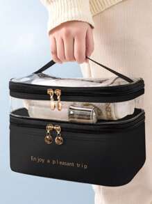 字母图形双层化妆包，1 件黑色拉链防水旅行化妆包收纳袋 - 黑色 - 查看 3