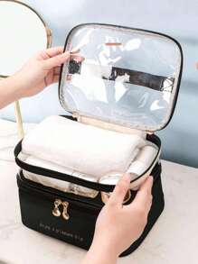 字母图形双层化妆包，1 件黑色拉链防水旅行化妆包收纳袋 - 黑色 - 查看 5