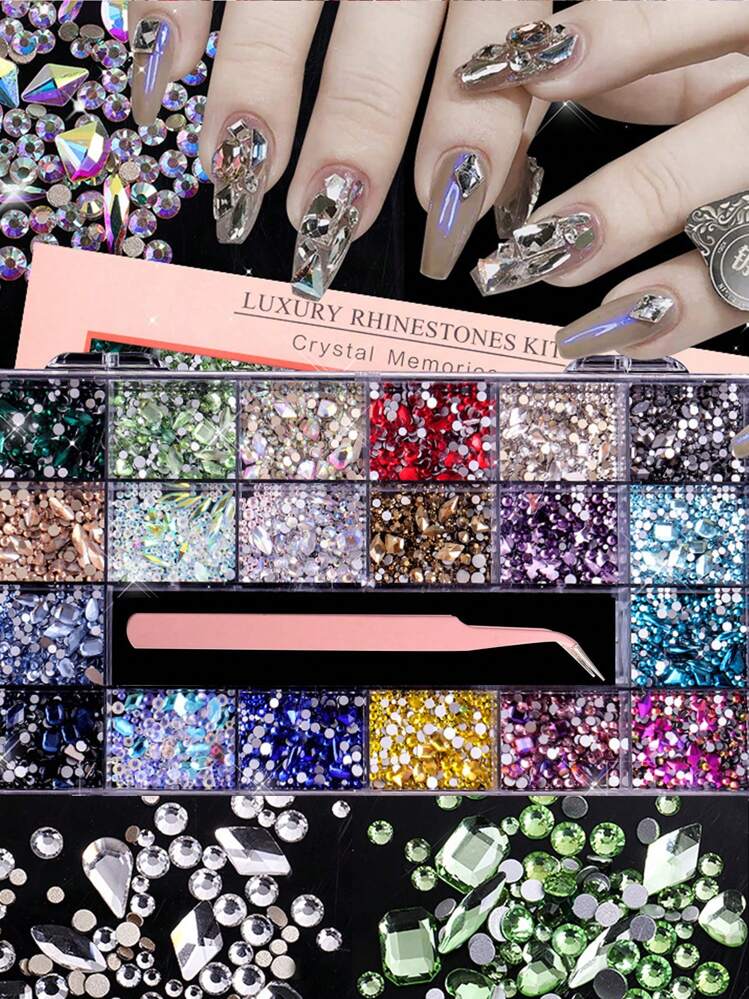 Decoración de uñas con diamantes de imitación de cristal roto, 1 caja de gemas 3D de múltiples formas, joyas de diamantes de imitación iridiscentes para diseño de uñas, manualidades - Multicolor - Ver 1