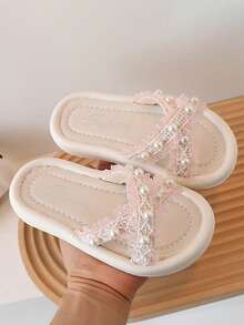 Chicas Zapatillas con diseño de perla artificial ribete con encaje con tira cruzada para exterior - Rosa Pálido - Ver 4