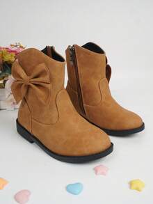 Girls Side Zip Bow Decor Combat Boots For Outdoor - Ginger - View 3