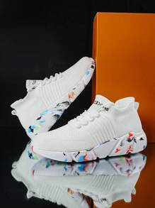 Men Letter Graphic Buộc dây phía trước Giày thể thao chunky, Giày thể thao - trắng - Xem 1