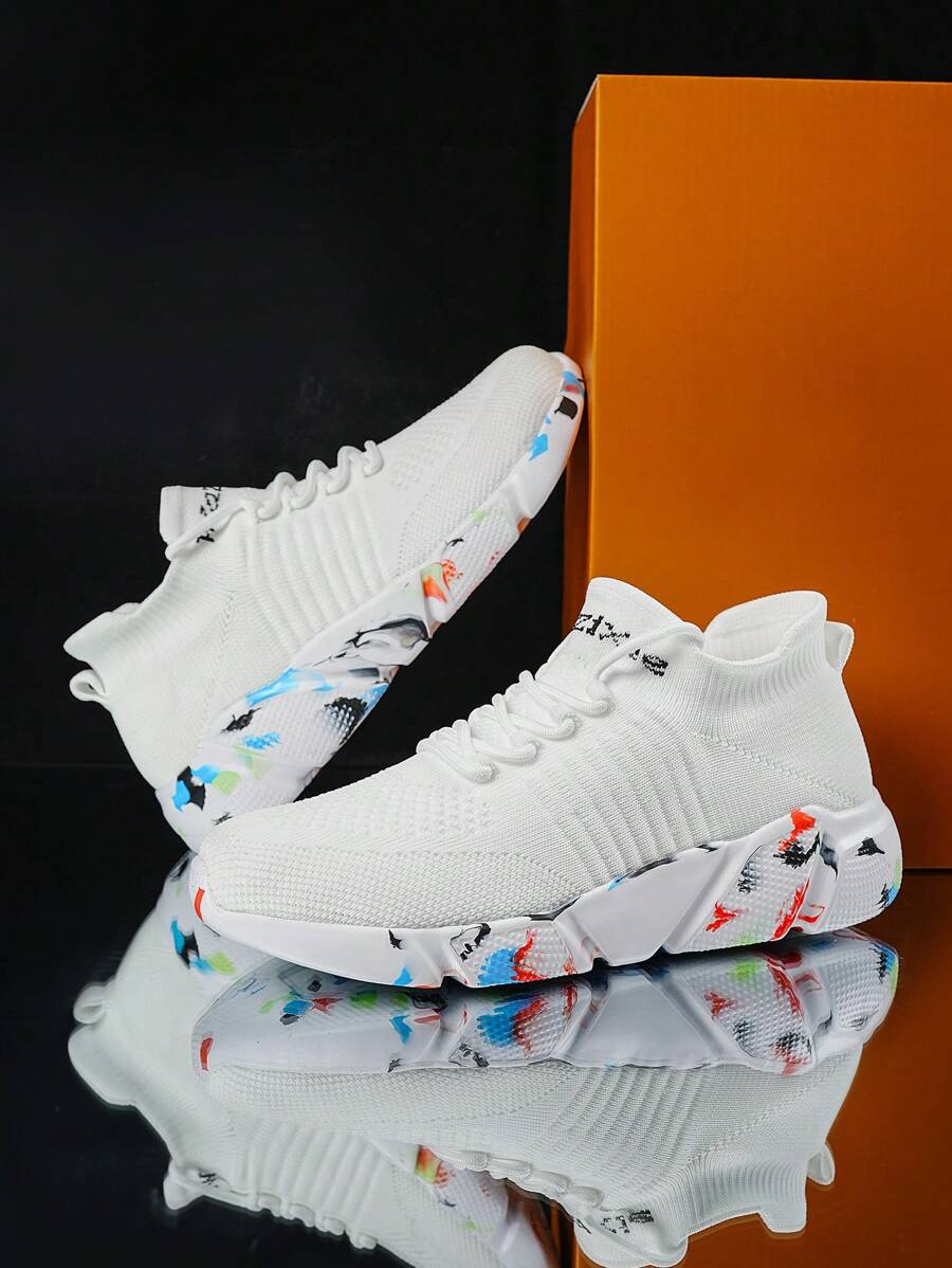 Men Letter Graphic Buộc dây phía trước Giày thể thao chunky, Giày thể thao - trắng - Xem 1