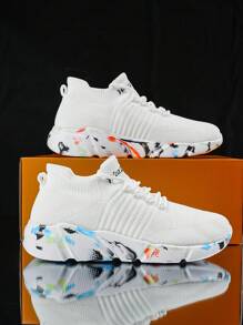 Men Letter Graphic Buộc dây phía trước Giày thể thao chunky, Giày thể thao - trắng - Xem 2