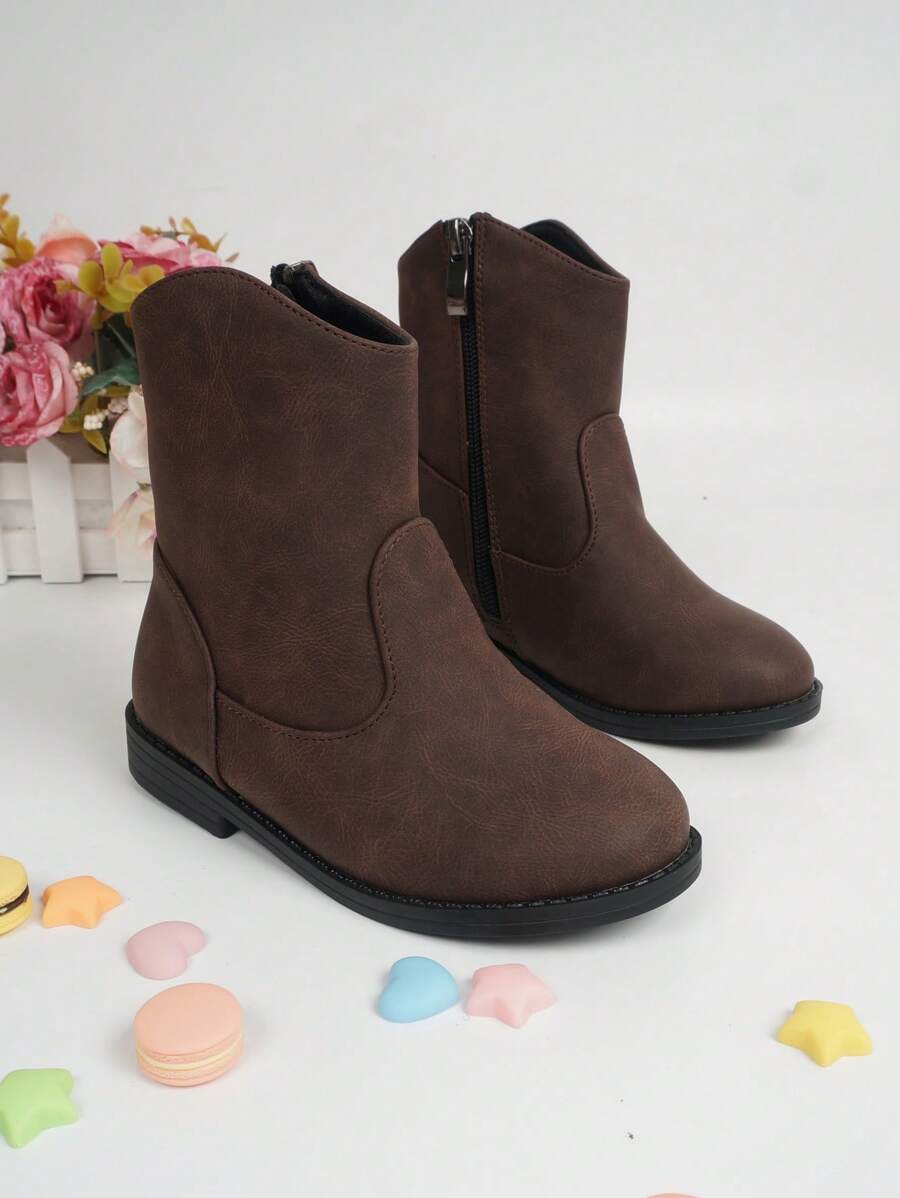 Girls Side Zip Minimalist Combat Boots For Outdoor - Coffee Brown - View 1