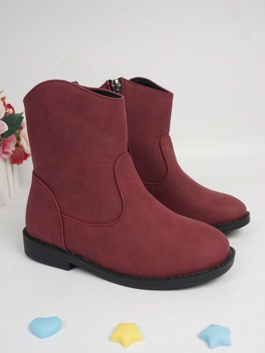 Girls Side Zip Minimalist Combat Boots For Outdoor - Burgundy - View 1