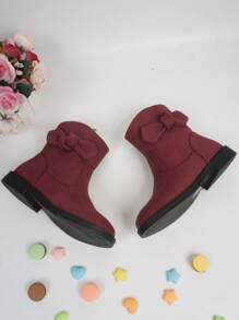 Girls Bow Decor Side Zip Cute Combat Boots For Outdoor - Burgundy - View 2