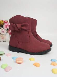 Girls Bow Decor Side Zip Cute Combat Boots For Outdoor - Burgundy - View 3