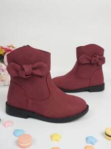 Girls Bow Decor Side Zip Cute Combat Boots For Outdoor - Burgundy - View 5