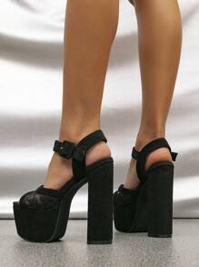 Women Contrast Lace Platform Chunky Heeled Ankle Strap Sandals, Elegant Summer Faux Suede Heeled Sandals
