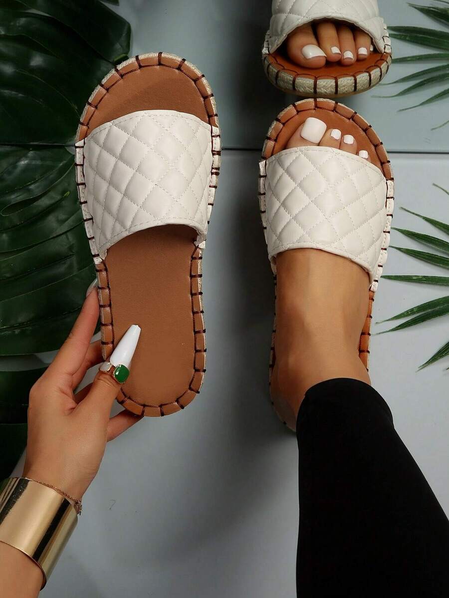 Women Quilted Detail Espadrille Slide Sandals, Vacation Summer Flat Sandals