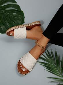 Women Quilted Detail Espadrille Slide Sandals, Vacation Summer Flat Sandals - Beige - View 3