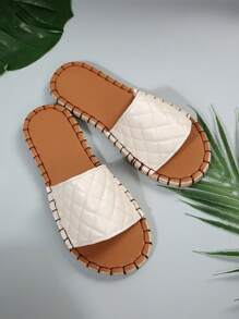 Women Quilted Detail Espadrille Slide Sandals, Vacation Summer Flat Sandals - Beige - View 4