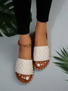 Women Quilted Detail Espadrille Slide Sandals, Vacation Summer Flat Sandals - Beige - View 7