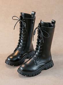 女童拉链系带纯色侧拉链休闲复古高筒靴 - 黑色 - 查看 1