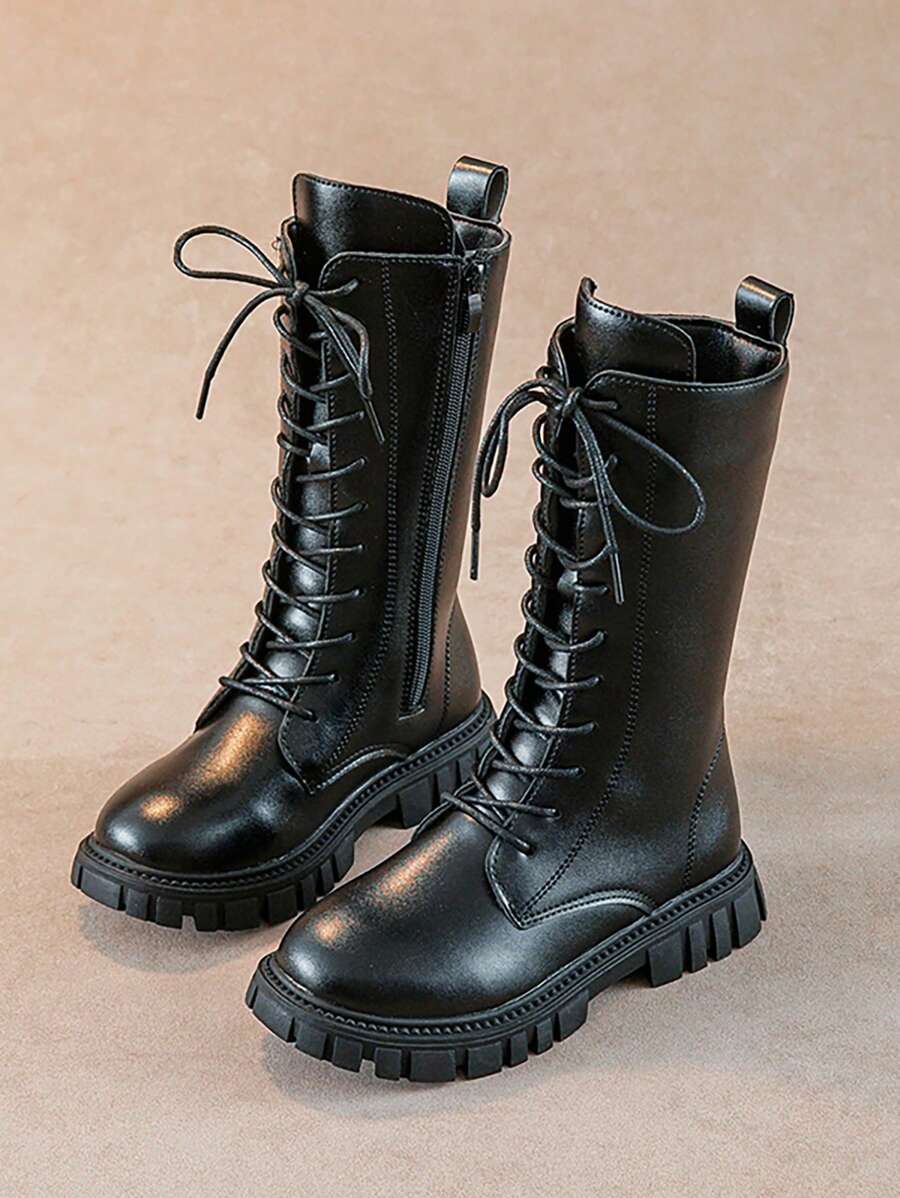 女童拉链系带纯色侧拉链休闲复古高筒靴 - 黑色 - 查看 1