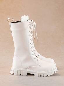 1 đôi bốt nữ đế dày, kiểu dáng thường ngày, có khóa kéo và dây buộc, chất liệu PU màu be. - Màu be - Xem 2