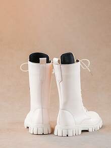 1 đôi bốt nữ đế dày, kiểu dáng thường ngày, có khóa kéo và dây buộc, chất liệu PU màu be. - Màu be - Xem 3