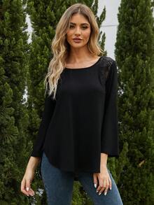 Lace Insert Curved Hem Tee - Black - View 5