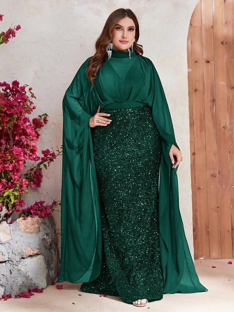 YISIKADO Robe habillée manches cape à paillettes - Vert sapin - Voir 1