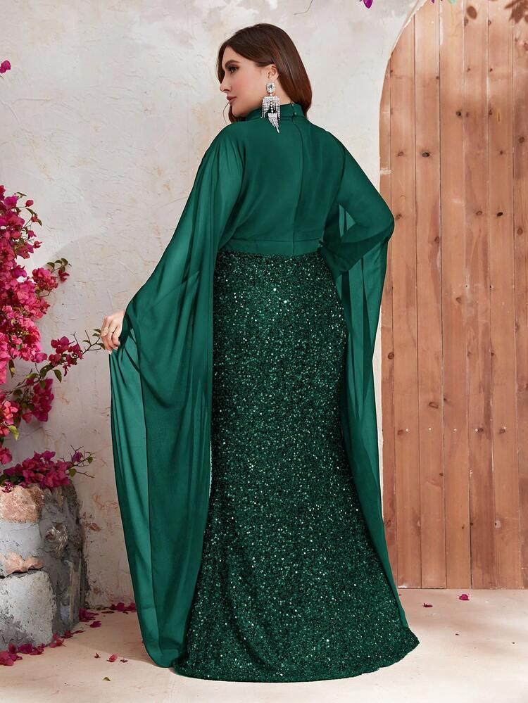 YISIKADO Robe habillée manches cape à paillettes - Vert sapin - Voir 2