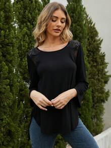 Lace Insert Curved Hem Tee - Black - View 7