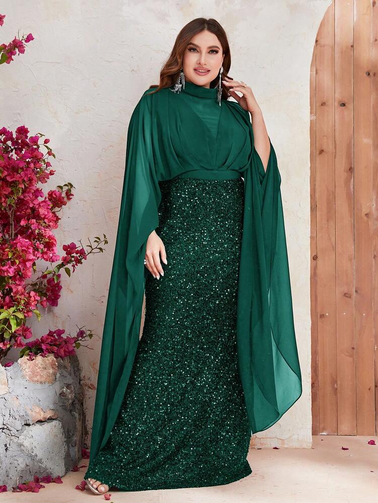 YISIKADO Robe habillée manches cape à paillettes - Vert sapin - Voir 3