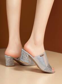 女性亮片裝飾粗跟穆勒魅力四射夏天高跟涼鞋 - 銀色 - 查看 4