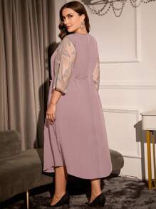 SHEIN Clasi Plus Feather Jacquard Contrast Mesh Belted Dress - Dusty Pink - View 2