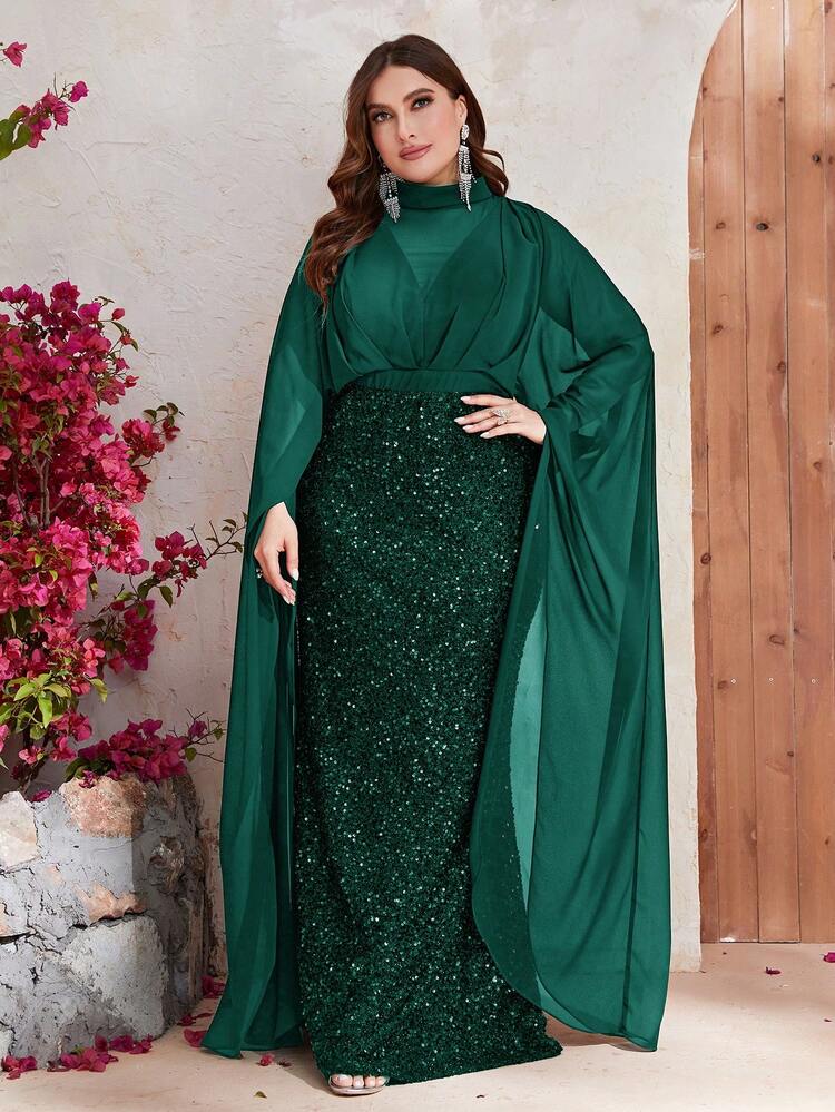 YISIKADO Robe habillée manches cape à paillettes - Vert sapin - Voir 4