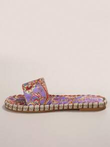 女士休闲一脚蹬凉鞋，露趾圆头平底沙滩拖鞋，适合夏季 - 紫色 - 查看 4