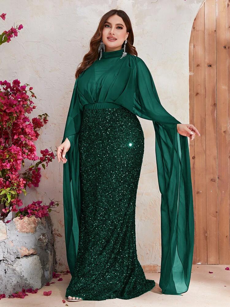YISIKADO Robe habillée manches cape à paillettes - Vert sapin - Voir 5