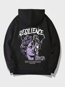 ROMWE MEN Guys Slogan & Figure Graphic Thermal Lined Hoodie - Black - View 1