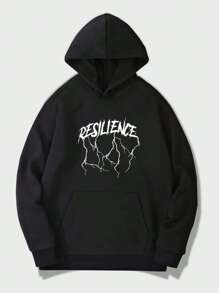 ROMWE MEN Guys Slogan & Figure Graphic Thermal Lined Hoodie - Black - View 2