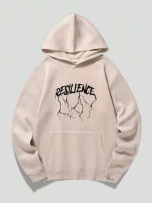 ROMWE MEN 男裝口號圖案袋鼠口袋保暖連帽衫 - 杏色 - 查看 2