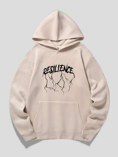 Men Slogan & Figure Graphic Kangaroo Pocket Thermal Hoodie