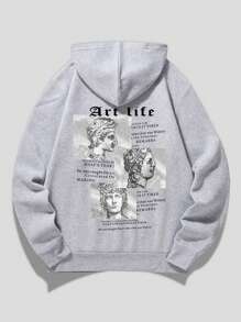 ROMWE MEN Men Figure & Slogan Graphic Drawstring Thermal Lined Hoodie - Light Grey - View 1