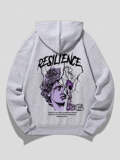 Homme Sweat-shirt à capuche figure et slogan à cordon à doublure thermique