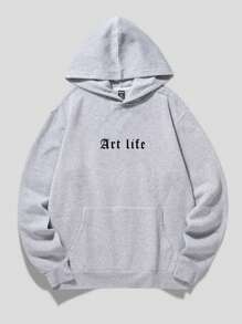 ROMWE MEN Men Figure & Slogan Graphic Drawstring Thermal Lined Hoodie - Light Grey - View 2