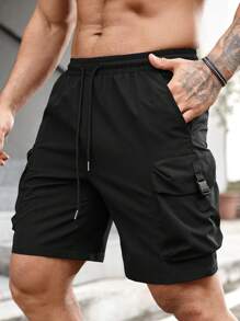 Manfinity EMRG Men Buckle Detail Flap Pocket Drawstring Waist Shorts - Black - View 5