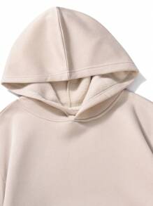 ROMWE MEN 男裝口號圖案袋鼠口袋保暖連帽衫 - 杏色 - 查看 5