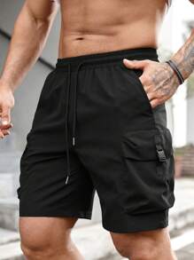 Manfinity EMRG Men Buckle Detail Flap Pocket Drawstring Waist Shorts - Black - View 7