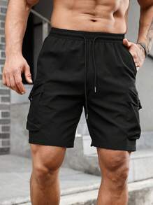 Manfinity EMRG Men Buckle Detail Flap Pocket Drawstring Waist Shorts - Black - View 8