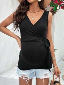 SHEIN Maternity Wrap Knot Side Nursing Tank Top - Black - View 4