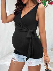 SHEIN Maternity Wrap Knot Side Nursing Tank Top - Black - View 6